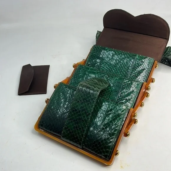Emerald Green Snakeskin and Caramel Bakelite Geometric Tiered Handbag - Picture 4 of 16
